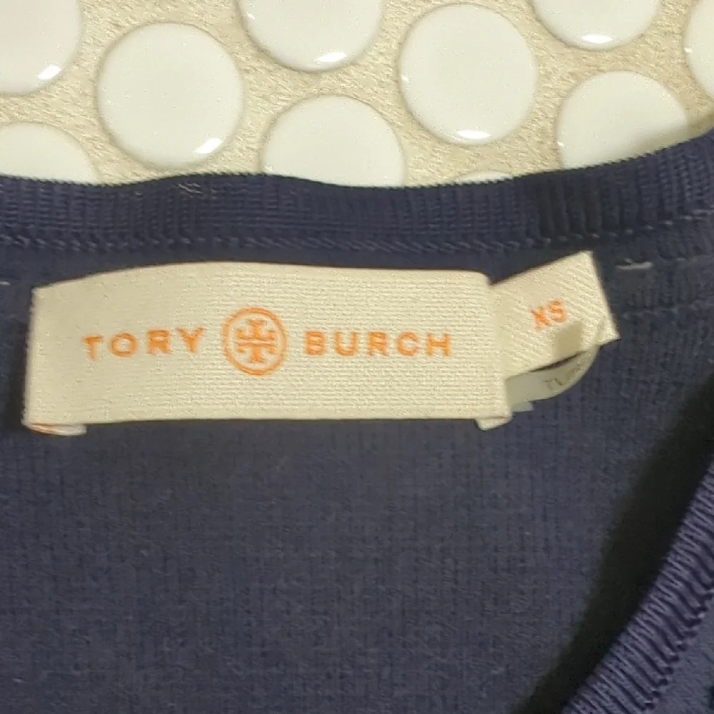 Tory Burch Navy Cardigan with Textured Fabric and Round Neckline - Picture 2 of 5